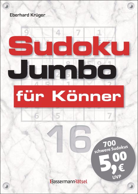 Text: „Sudoku Jumbo für Könner“, „700 schwere Sudokus 5,00 €, UVP“. Hintergrund: Marmoroptik, Sudoku-Raster und große „16“.