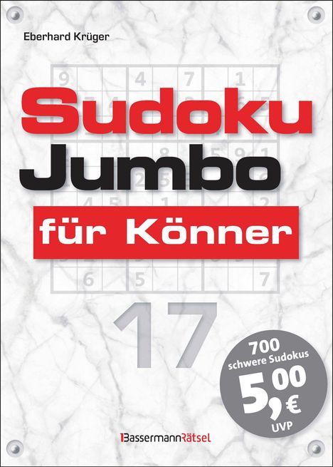„Sudoku Jumbo für Könner“. „Eberhard Krüger“. „700 schwere Sudokus 5,00 € UVP“. Hintergrund: Marmor, Zahlen.