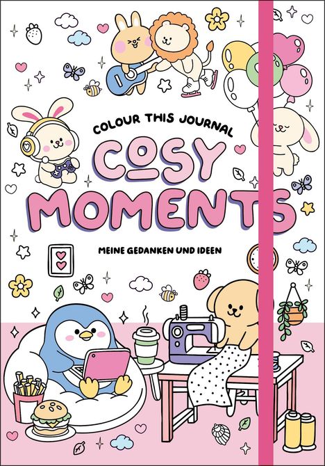 "COLOUR THIS JOURNAL COSY MOMENTS MEINE GEDANKEN UND IDEEN." Illustration: Tiere in Freizeitaktivitäten, friedliche Szenen.