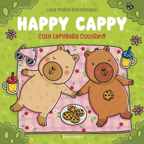 "Happy Cappy Cosy Capybara Coloring" oben. Zwei entspannte Capybaras liegen auf einer Picknickdecke mit Keksen.