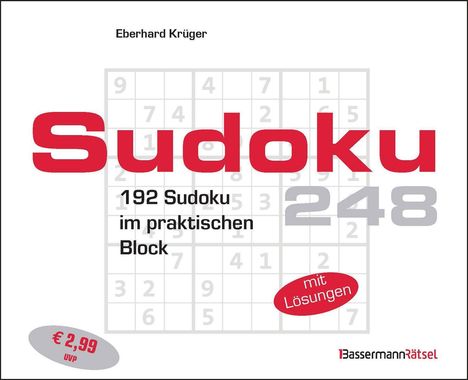 Text: "Sudoku 248", "192 Sudoku im praktischen Block", "mit Lösungen", "€ 2,99 UVP".  
Große rote Schrift auf weißem Hintergrund.