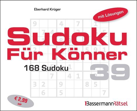 "Sudoku Für Könner", "168 Sudoku", "mit Lösungen", "€ 2,99", "Basemann Rätsel". Eindruck von Sudoku-Rätseln im Hintergrund.