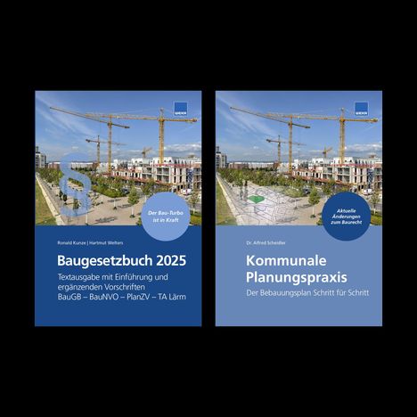 „Baugesetzbuch 2025“ und „Kommunale Planungspraxis“. Zwei blaue Buchcover mit Baukränen im Hintergrund.