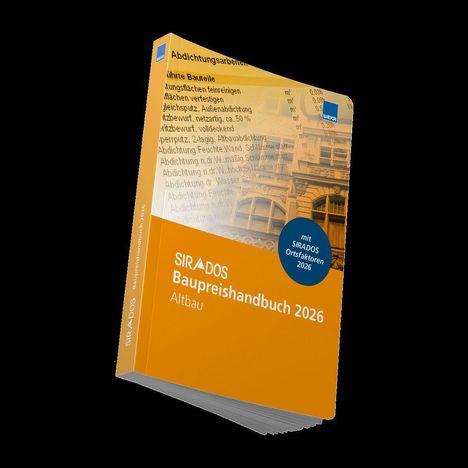 Text: "SIRO/ADOS Baupreishandbuch 2026 Altbau", "mit SIRODOS Ortsfaktoren 2026". Orange Buch mit Architekturmotiv.