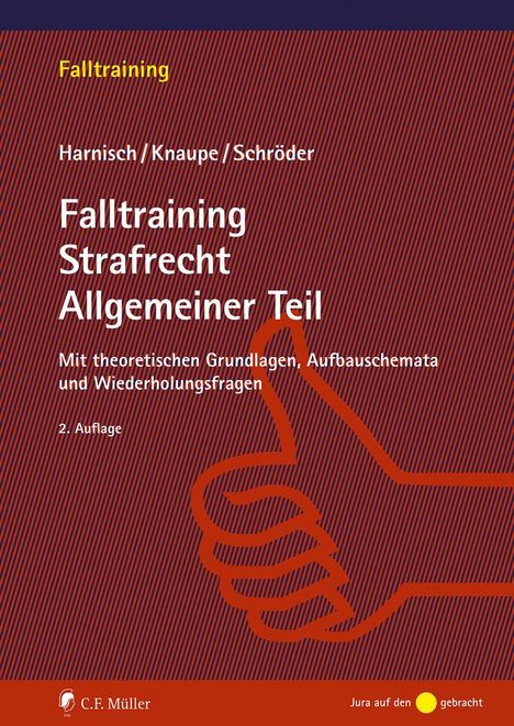 "Falltraining Strafrecht Allgemeiner Teil" mit theoretischen Grundlagen. Rotes Daumen-Illustration auf gestreiftem Hintergrund.