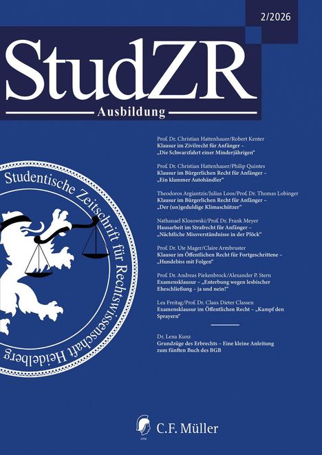 StudZR Ausbildung 2/2026. Themen wie „Die Schwarzfahrt einer Minderjährigen“ und „Kampf der Sprayer“. Logo mit Löwe.