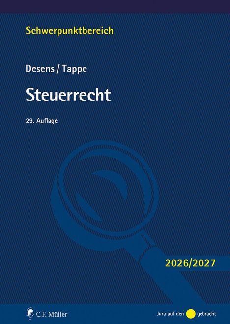„Schwerpunktbereich Steuerrecht 2026/2027“ steht oben auf dunklem Hintergrund mit einem stilisierten Waagen-Logo.