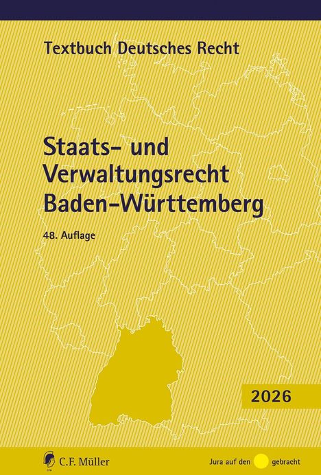 Buchcover mit Text: "Staats- und Verwaltungsrecht Baden-Württemberg, 48. Auflage, 2026". Hintergrund mit gelber Karte.