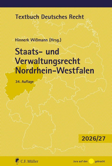 Buchcover, gelber Hintergrund, Karte von Deutschland, Titel: "Staats- und Verwaltungsrecht Nordrhein-Westfalen".