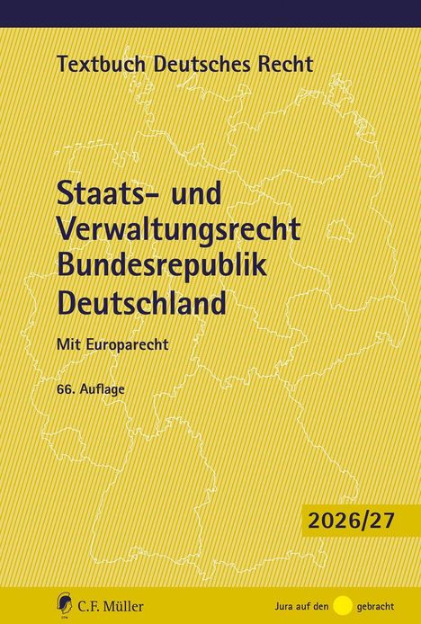 Gelber Hintergrund mit Umriss von Deutschland; blauer und schwarzer Text: „Textbuch Deutsches Recht“, „2026/27“.