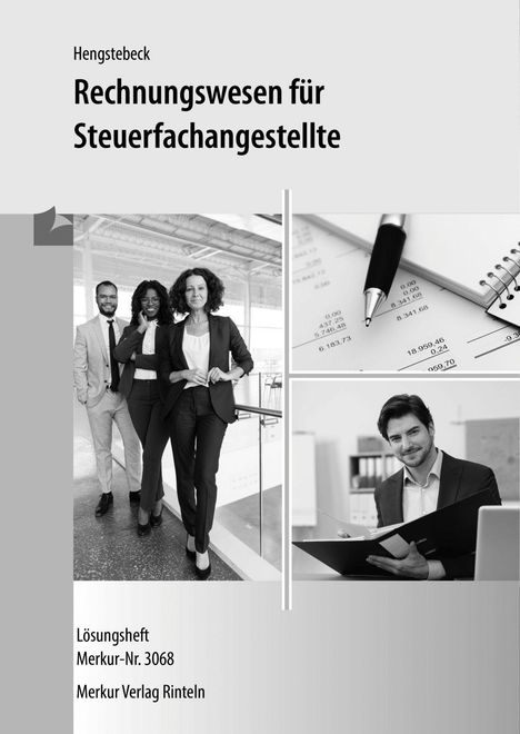 „Rechnungswesen für Steuerfachangestellte“. Schwarz-weiß: Drei Personen, Buchhaltungsszene, Mann mit Ordner.