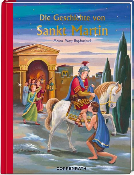 "Die Geschichte von Sankt Martin" steht oben. Illustration von St. Martin, der seinen Mantel mit einem Bettler teilt.