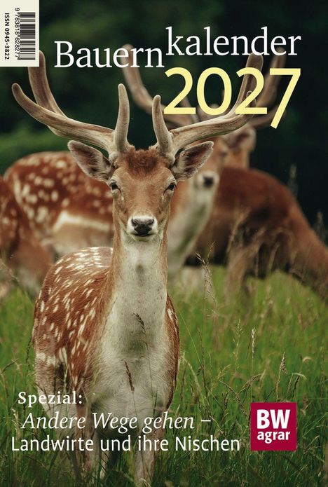 Text: "Bauernkalender 2027", "Spezial: Andere Wege gehen – Landwirte und ihre Nischen", "BW agrar". Hirsch im Vordergrund.