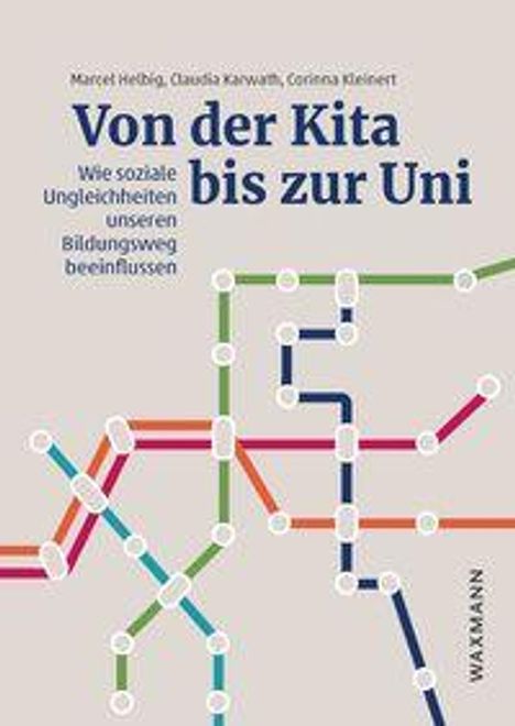 "Von der Kita bis zur Uni: Wie soziale Ungleichheiten unseren Bildungsweg beeinflussen." Bunte Linienkarten-Illustration.