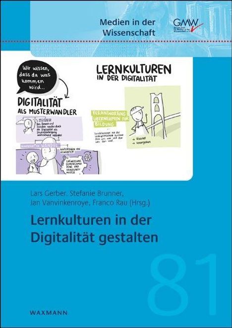 Texte: "Lernkulturen in der Digitalität gestalten", Autoren: Lars Gerber, Stefanie Brunner, Jan Vanvinkenroye, Franco Rau.   
Illustration zeigt Personen mit Sprechblasen.