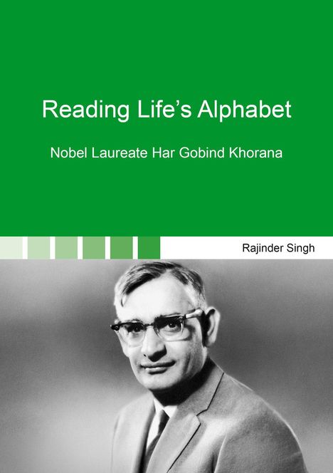 "Reading Life’s Alphabet", Nobelpreisträger Har Gobind Khorana, von Rajinder Singh. Schwarz-Weiß-Foto eines Mannes im Anzug.
