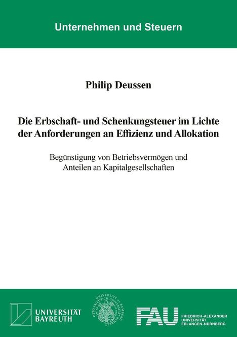 "Die Erbschaft- und Schenkungsteuer..." von Philip Deussen, mit Universitätslogos unten. Grün-weiß gestaltet.