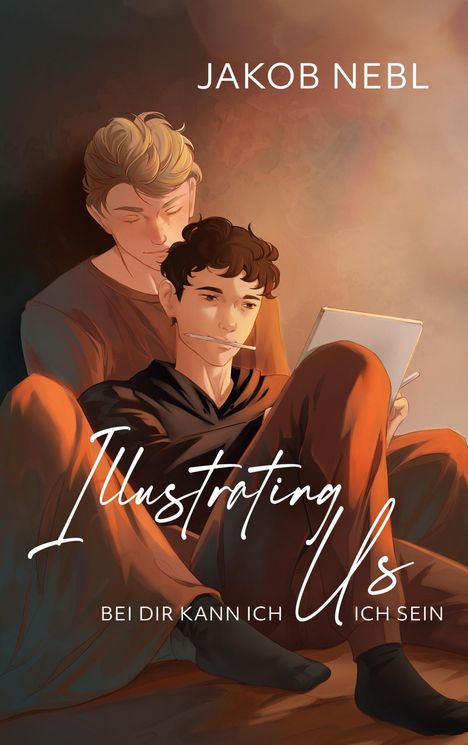 JAKOB NEBL. Illustrating Us. Bei dir kann ich ich sein. Zwei Personen sitzen gemütlich und lesen, in warmem Licht getaucht.