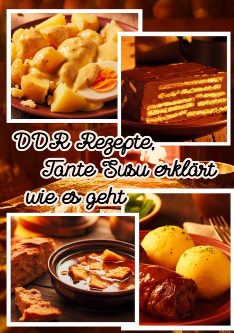 DDR Rezepte, Tante Susu erklärt wie es geht. Vier Teller mit traditionellen Gerichten: Kartoffeln, Schichttorte, Suppe, Klöße.