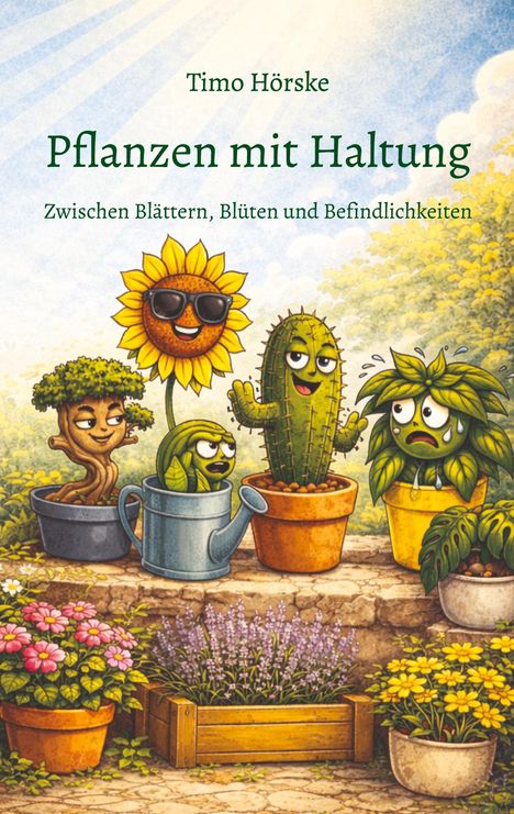 „Timo Hörske, Pflanzen mit Haltung, Zwischen Blättern, Blüten und Befindlichkeiten“. Eine fröhliche Illustration von Pflanzen mit Gesichtern.