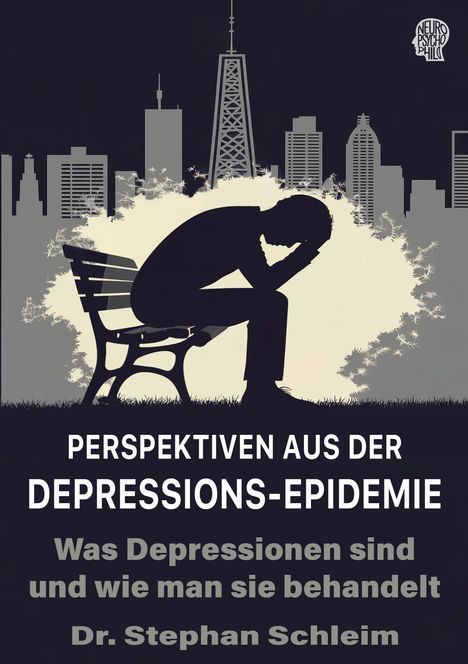 "PERSPEKTIVEN AUS DER DEPRESSIONS-EPIDEMIE", Illustration: Silhouette einer nachdenklichen Person auf einer Bank vor Stadtsilhouette.