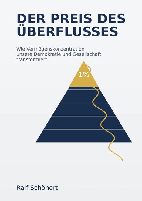 Text: "DER PREIS DES ÜBERFLUSSES", "1%", "Ralf Schönert". Illustration: Pyramide mit goldenem oberen Segment.