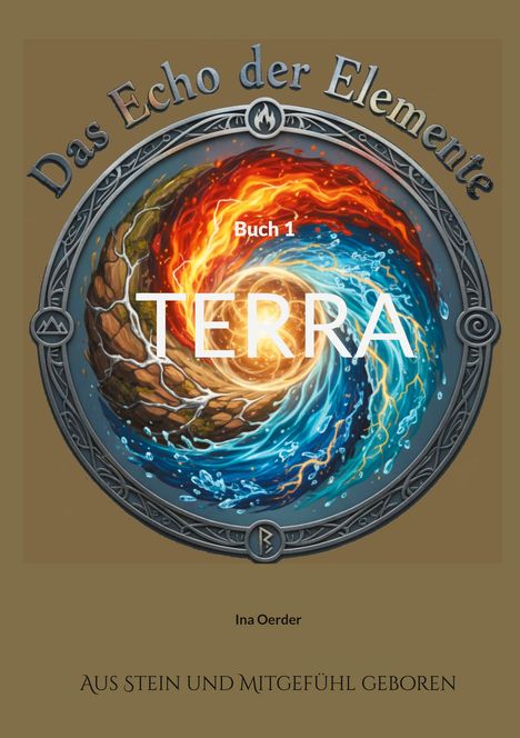 "Das Echo der Elemente - Buch 1 TERRA", Illustration eines Wirbels aus Feuer, Wasser und Erde, umrahmt von Symbolen.