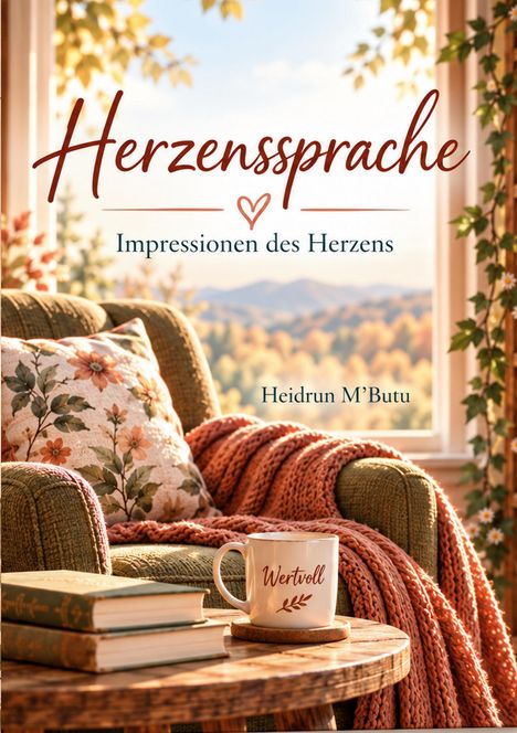 "Herzenssprache: Impressionen des Herzens" von Heidrun M'Butu. Gemütlicher Sessel mit Kissen, Tasse "Wertvoll".