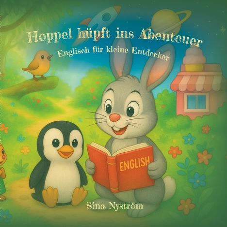 „Hoppel hüpft ins Abenteuer: Englisch für kleine Entdecker“. Ein Hase hält ein Buch, ein Pinguin sitzt daneben.