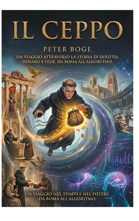 "Il Ceppo, Peter Boge. Un viaggio attraverso la storia di diritto, denaro e fede. Da Roma all’algoritmo." Ein Mönch hält eine Geldbörse. Im Hintergrund antike und moderne Szenen.
