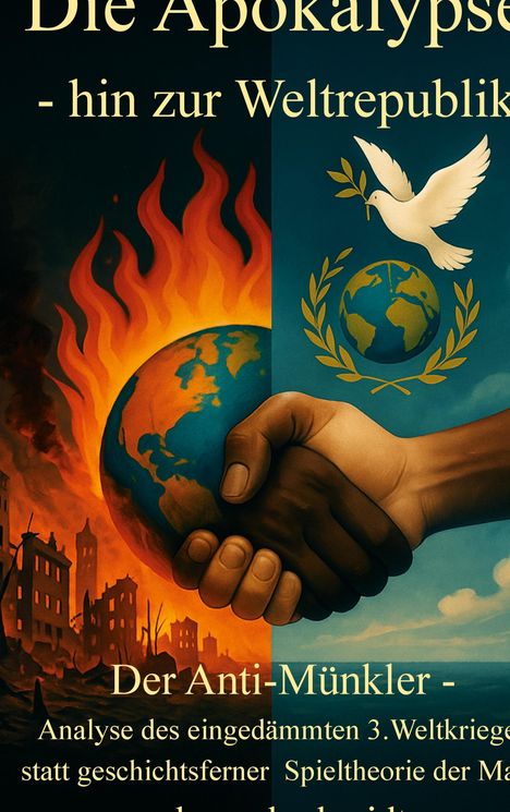 „Die Apokalypse - hin zur Weltrepublik. Der Anti-Münkler.“ Links brennende Stadt, rechts Friedenstaube, Hände schütteln sich.