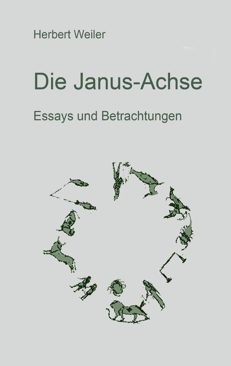 "Herbert Weiler, Die Janus-Achse, Essays und Betrachtungen. Unterhalb eine kreisförmige Illustration von Tieren."
