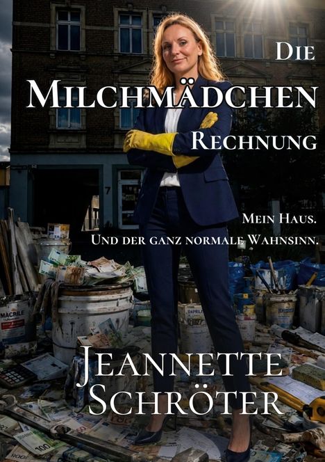 „Die Milchmädchenrechnung. Mein Haus. Und der ganz normale Wahnsinn. Jeannette Schröter.“ Frau in Anzug, Bauhelme, Geld.