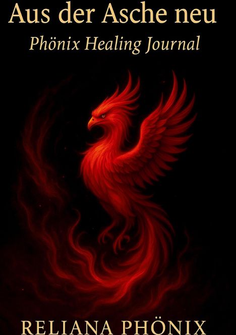 "Aus der Asche neu: Phönix Healing Journal" und "RELlANA PHÖNIX". Eine rote Phönix-Illustration vor schwarzem Hintergrund.