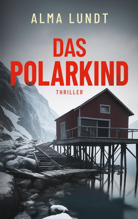 "ALMA LUNDT, DAS POLARKIND, THRILLER." Ein rotes, hölzernes Haus steht auf Stelzen am Wasser, umgeben von schneebedeckten Bergen.