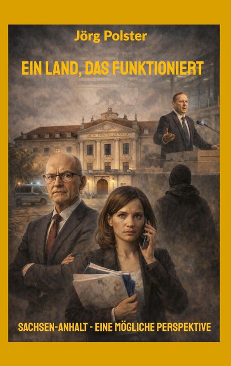 Gemälde: Zwei Personen vor einem Regierungsgebäude. Ein Mann am Rednerpult. Polizeiauto im Hintergrund.