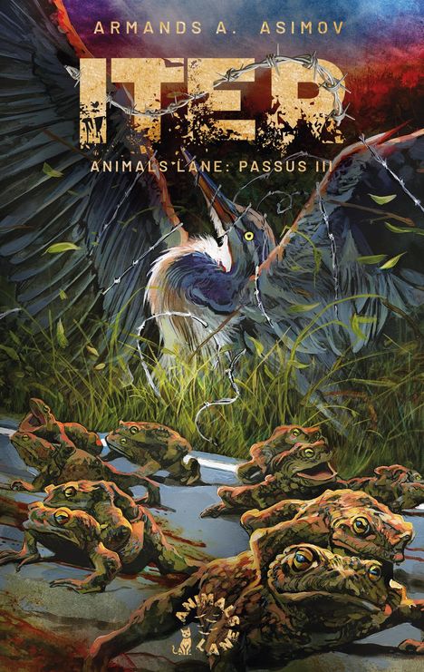 Titel: "ITER ANIMALS' LANE: PASSUS III". Illustration eines Vogels mit gespreizten Flügeln und vielen Kröten im Vordergrund.