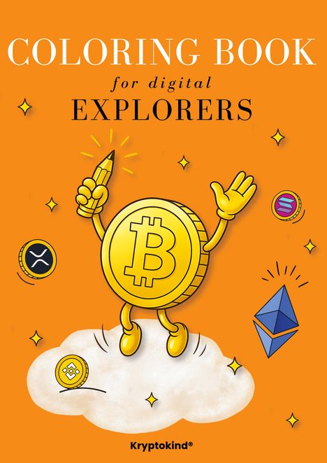 "COLORING BOOK for digital EXPLORERS." Illustration: Münze mit Bitcoin-Symbol auf Wolke, umgeben von Krypto-Icons.