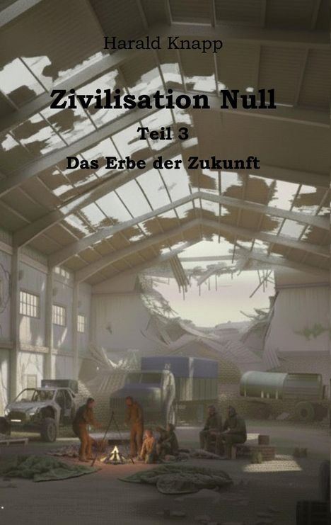 "Zivilisation Null, Teil 3: Das Erbe der Zukunft." Eine verlassene Halle, Menschen um ein Feuer, beschädigtes Dach.