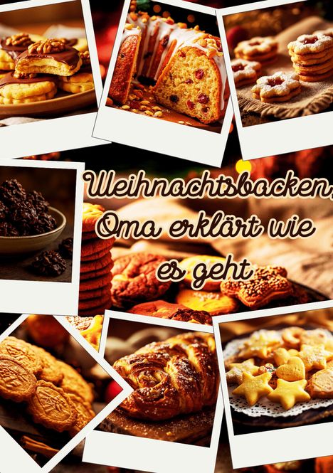 "Weihnachtsbacken: Oma erklärt wie es geht" in geschwungener Schrift. Verschiedene Plätzchen und Kuchen sind abgebildet.