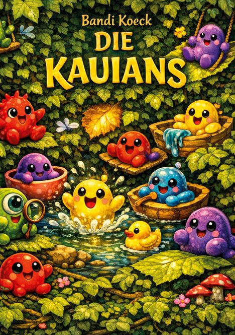 Text: "Bandi Koeck, Die Kauians". Illustration von bunten, fröhlichen, kugelartigen Wesen in einer lebhaften Waldszene.