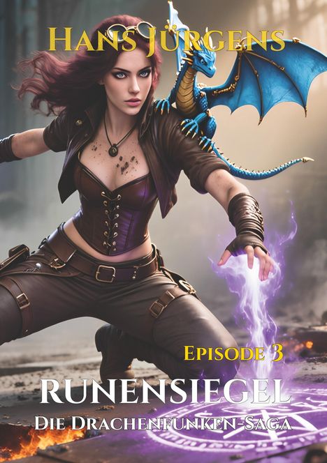 Text: "Hans Jürgens", "Episode 3", "Runensiegel", "Die Drachenfunken-Saga". 

Illustration: Frau mit Lederoutfit, blauem Drachen, lila Magie.