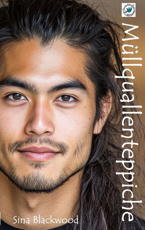 Text: "Müllquallenteppiche", "Sina Blackwood". Zu sehen ist das Gesicht eines Mannes mit langen dunklen Haaren und Bart.