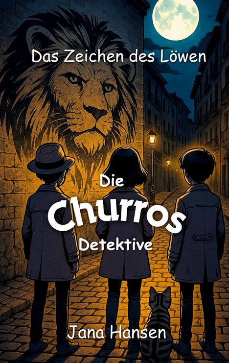 "Das Zeichen des Löwen. Die Churros Detektive. Jana Hansen." Drei Kinder und eine Katze betrachten ein Löwen-Wandbild.
