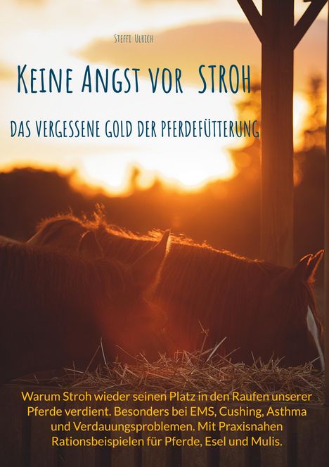 Titel: "Keine Angst vor Stroh" – Untertitel: "Das vergessene Gold der Pferdefütterung." Hintergrund: Zwei Pferde im Sonnenuntergang.
