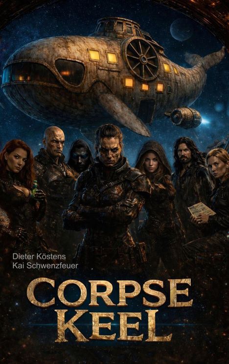 „Dieter Köstens, Kai Schwenzfeuer, Corpse Keel“, Illustration: Gruppe von Menschen vor einem großen, alten U-Boot im Weltraum.