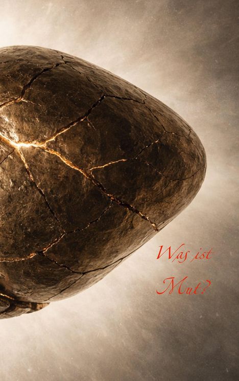 „Was ist Mut?“ steht in roten Buchstaben. Eine goldene, rissige Kugel erscheint vor einem hellen Hintergrund.