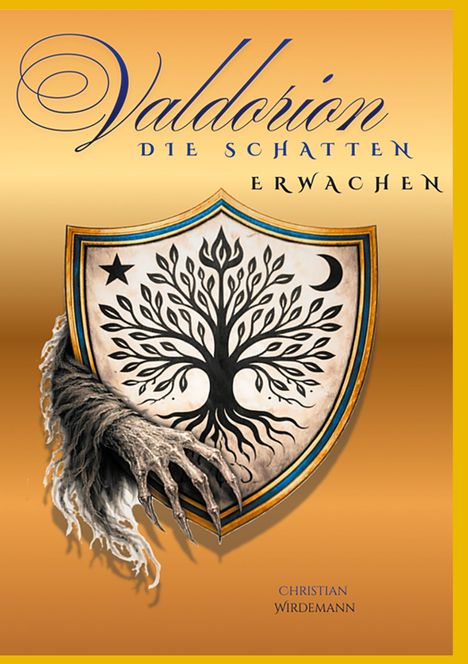 "Valdorion: Die Schatten erwachen" oben, "Christian Würdemann" unten. Ein Schild mit Baum und ein Skelettarm sind zu sehen.