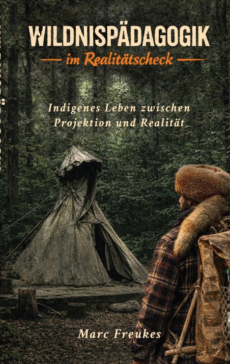 "Wildnispädagogik im Realitätscheck. Indigenes Leben zwischen Projektion und Realität. Marc Freukes." Ein Mann steht vor einem Zelt im Wald.