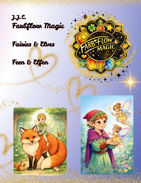 Text: J.J.C. Farbflow Magic, Fairies & Elves, Feen & Elfen, FARBFLOW MAGIC. Logo mit magischen Symbolen. Zwei Illustrationen: Eine zeigt einen elfengleichen Jungen mit Feen, die andere ein Märchenwesen auf einem Fuchs.